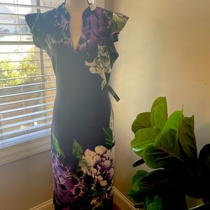 NYC Navy Sheath Dress Floral Accents